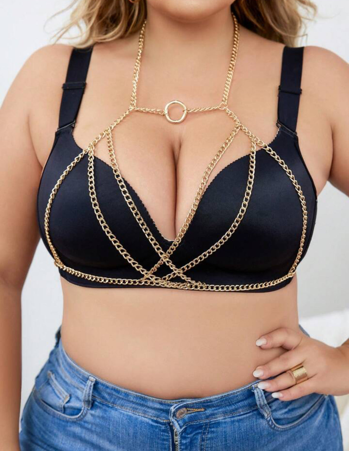 Gold colored ring linked chain harness bra