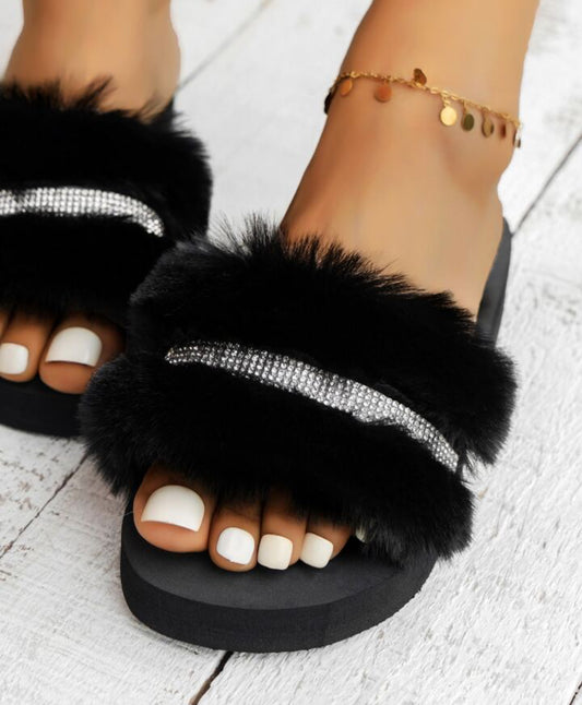 Rhinestone Decor fuzzy slippers